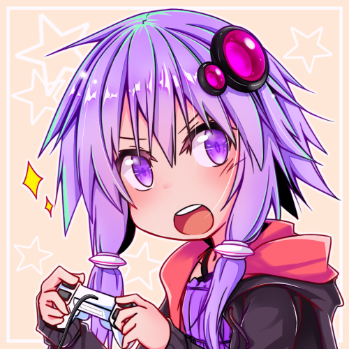 1girl :d black_clothes braid commentary_request controller game_controller lowres open_mouth purple_hair smile solo sonson_(yuukyuu_365nichi) sparkle star_(symbol) twin_braids violet_eyes vocaloid voiceroid yuzuki_yukari