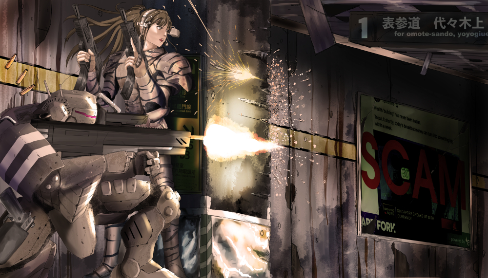 1girl aiming appleseed assault_rifle battle body_armor briareos_hecatonchires brown_hair building bullpup cityscape cyberpunk cyborg damaged deunan_knute dual_wielding firing gun handgun headgear holding holstered_weapon i.t.o_daynamics kneeling long_hair mecha military original power_armor power_suit radio_antenna redesign rifle robot science_fiction shell_casing submachine_gun subway subway_station taking_cover visor weapon