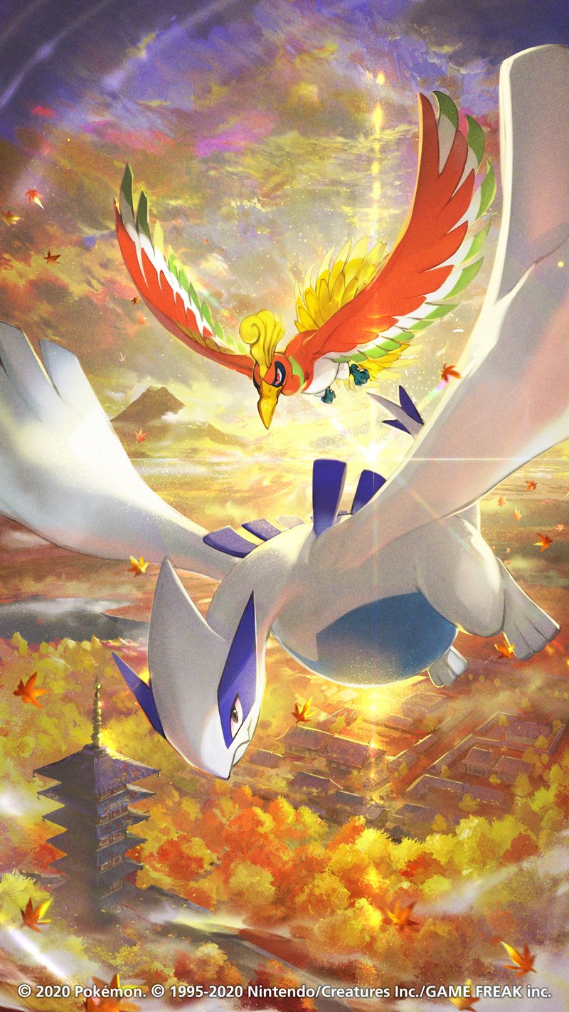 autumn_leaves building closed_mouth clouds commentary_request dated day gen_2_pokemon highres ho-oh legendary_pokemon lugia nejita no_humans outdoors pokemon pokemon_(creature) sky sun tower watermark wings