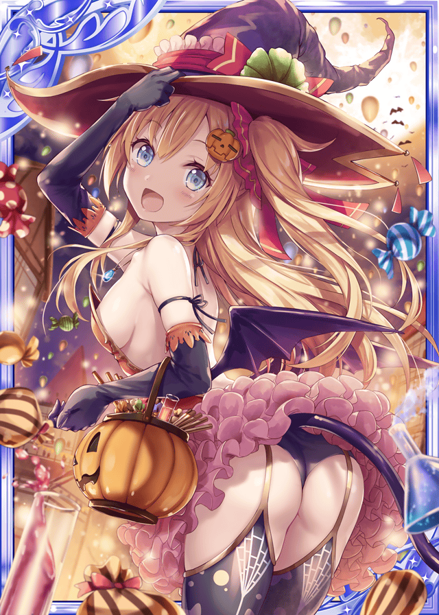 1girl akkijin alchemist_(shinkai_no_valkyrie) armpits ass back balloon bare_shoulders bat_wings blonde_hair blue_eyes bottle breasts candy card_(medium) demon_tail elbow_gloves food full_moon garters gloves hair_ornament hair_ribbon halloween halloween_costume hat hat_ribbon jack-o'-lantern looking_at_viewer medium_breasts medium_hair moon night night_sky official_art open_mouth pumpkin purple_gloves red_ribbon ribbon shinkai_no_valkyrie sky spider_web_print tail thigh-highs thong twintails wings witch witch_hat