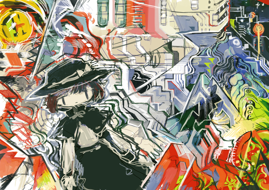 1girl abstract abstract_background black_eyes black_headwear bow brown_hair capelet colorful fedora hat hat_bow hito_(nito563) long_sleeves no_nose shirt short_hair solo touhou upper_body usami_renko white_shirt