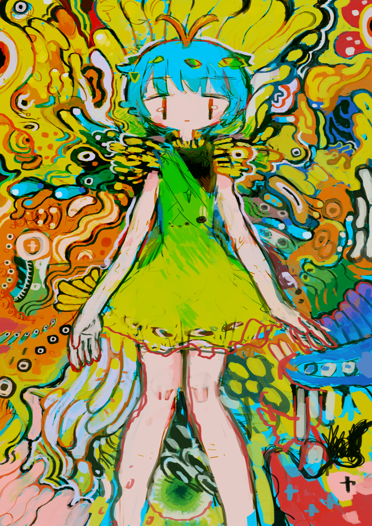 1girl abstract abstract_background aqua_hair bare_legs colorful dress eternity_larva eyebrows_visible_through_hair feet_out_of_frame green_dress hito_(nito563) looking_at_viewer no_nose sleeveless sleeveless_dress solo touhou