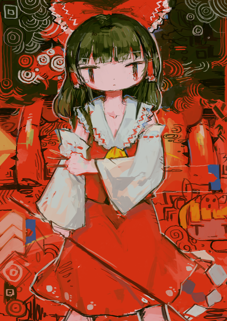 1girl abstract abstract_background ascot bangs blunt_bangs bow brown_hair detached_sleeves expressionless feet_out_of_frame frilled_bow frills hair_bow hair_tubes hakurei_reimu hito_(nito563) holding japanese_clothes long_hair miko red_bow red_shirt red_skirt ribbon-trimmed_sleeves ribbon_trim shirt skirt solo touhou white_sleeves yellow_neckwear