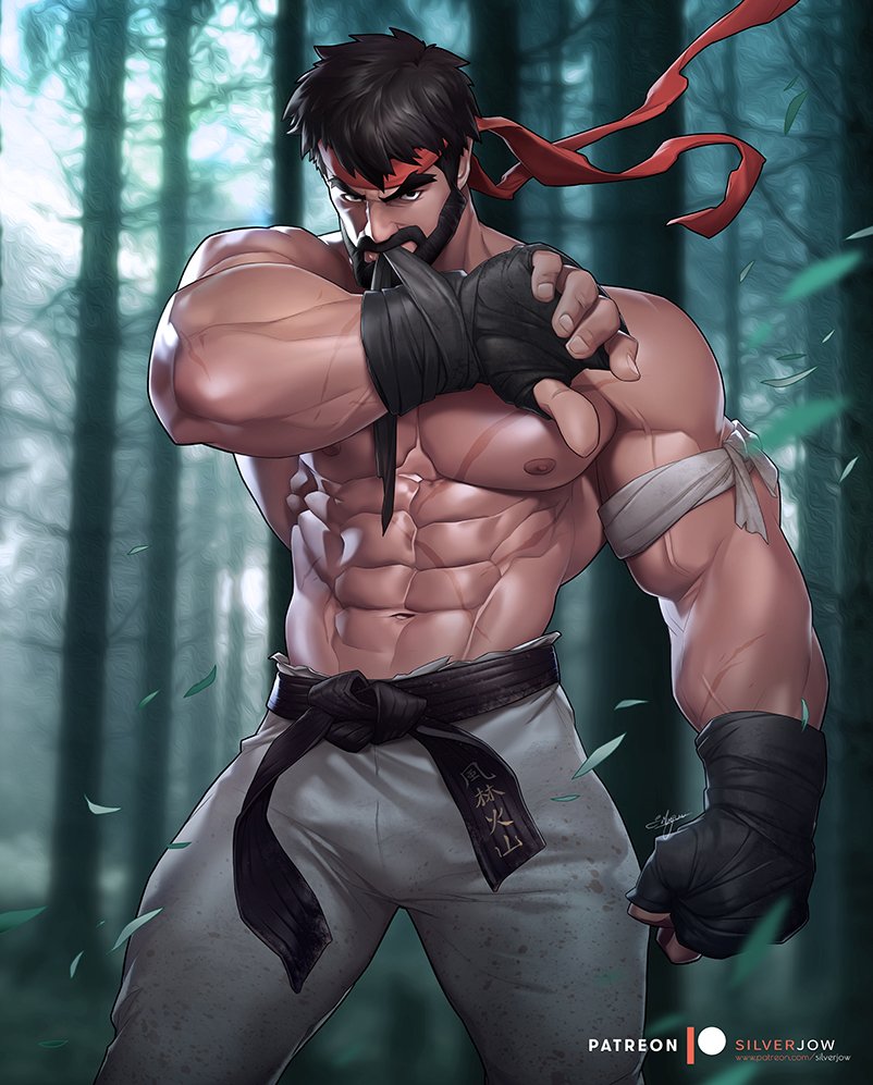 1boy abs bamboo bamboo_forest bandages bara bare_chest beard belt black_belt black_hair chest facial_hair forest headband male_focus mouth_pull muscle nature navel nipples ryuu_(street_fighter) shirtless short_hair silverjow street_fighter thick_eyebrows thick_thighs thighs veins