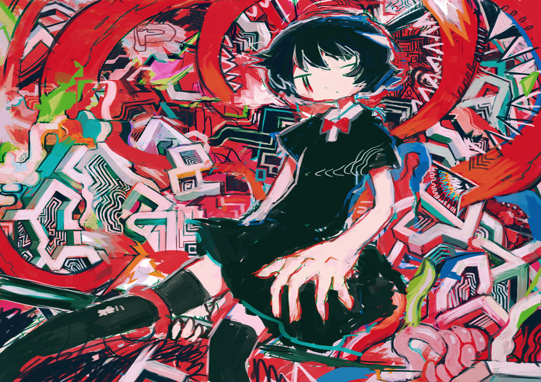 1girl abstract abstract_background bangs black_dress black_hair black_legwear bow bowtie collared_dress dress feet_out_of_frame hair_over_one_eye hito_(nito563) houjuu_nue red_neckwear short_hair short_sleeves solo thigh-highs touhou