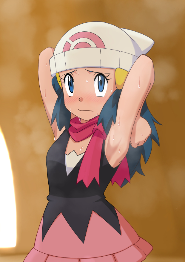 1girl armpits arms_behind_head beanie blue_eyes blue_hair blush closed_mouth commentary_request hikari_(pokemon) eyelashes hair_ornament hairclip hat long_hair looking_up miraa_(chikurin) pink_scarf pink_skirt poke_ball pokemon pokemon_(anime) pokemon_dppt_(anime) raised_eyebrows scarf shirt skirt sleeveless sleeveless_shirt solo steam sweat white_headwear