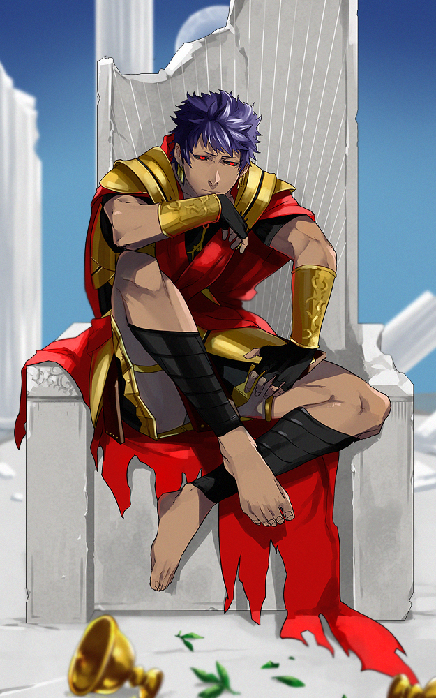 1boy armor bandages bare_shoulders binzoko black_sclera bracer caligula_(fate/grand_order) cape dark_skin dark_skinned_male earrings fate/grand_order fate_(series) fingerless_gloves full_body gloves jewelry looking_at_viewer male_focus muscle purple_hair red_cape red_eyes short_hair shoulder_armor spaulders thighs throne