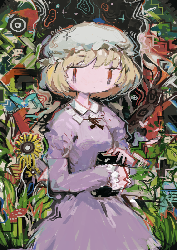 1girl abstract abstract_background blonde_hair book bug butterfly collared_dress dress flower frilled_hat frills hat hito_(nito563) holding holding_book insect long_sleeves maribel_hearn mob_cap purple_dress red_eyes short_hair solo touhou upper_body white_headwear yellow_flower