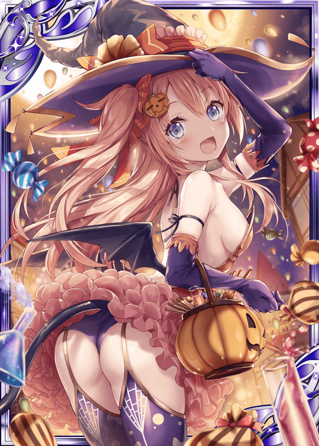 1girl akkijin alchemist_(shinkai_no_valkyrie) armpits ass back balloon bare_shoulders bat_wings blue_eyes bottle breasts brown_hair candy card_(medium) demon_tail elbow_gloves food full_moon garters gloves hair_ornament halloween halloween_costume hat hat_ribbon jack-o'-lantern looking_at_viewer medium_breasts medium_hair moon night night_sky official_art open_mouth orange_ribbon pumpkin purple_gloves ribbon shinkai_no_valkyrie sky spider_web_print tail thigh-highs thong twintails wings witch witch_hat