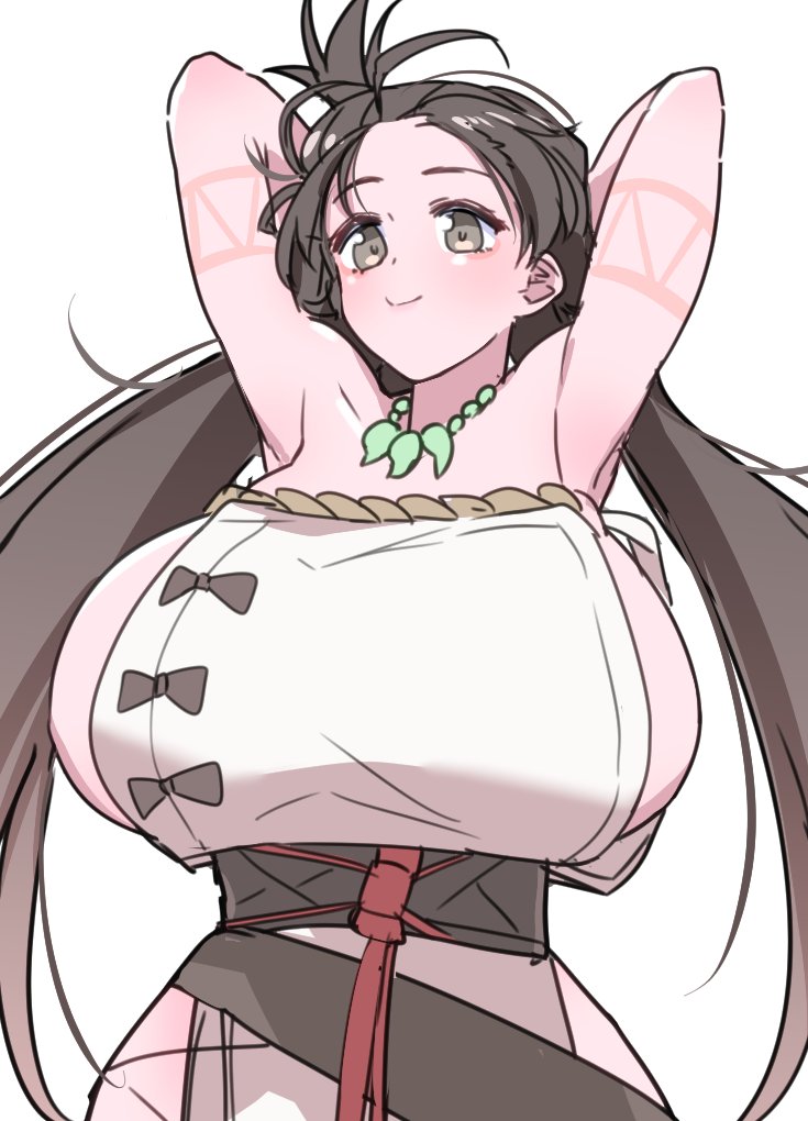 1girl akitokage01 armpits arms_behind_head arms_up bare_shoulders blush body_markings breasts brown_eyes brown_hair closed_mouth dress fate/grand_order fate_(series) himiko_(fate) huge_breasts long_hair looking_at_viewer magatama magatama_necklace sash side_slit sideboob smile topknot twintails white_dress