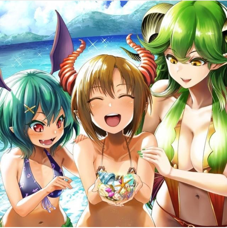 3girls bikini breasts grand_summoners horns large_breasts leone(grand_summoners) multiple_girls riviera(grand_summoners) rosseta(grand_summoners) seashell shell smile swimsuit