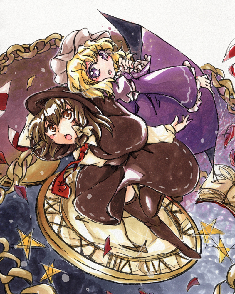 2girls black_legwear black_skirt blonde_hair book brown_hair capelet chain dress eyes fedora gap_(touhou) gold_chain hat maribel_hearn marker_(medium) mob_cap multiple_girls night night_sky pocket_watch purple_dress skirt sky star_(sky) starry_sky touhou traditional_media usami_renko user_vfsh8325 watch