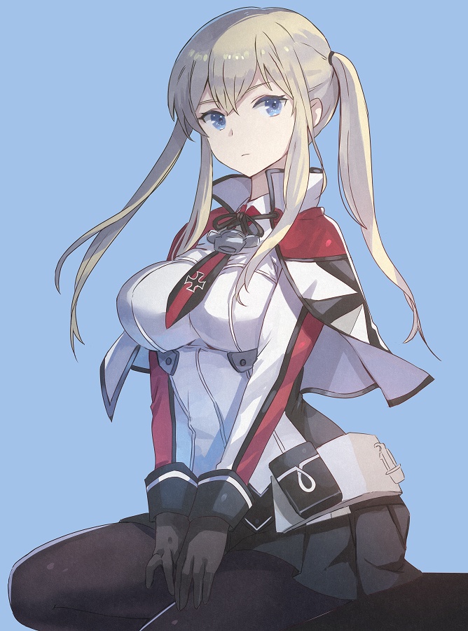 1girl bangs black_gloves black_legwear black_skirt blonde_hair blue_background blue_eyes breasts capelet closed_mouth gloves graf_zeppelin_(kantai_collection) iron_cross kantai_collection kasumi_(skchkko) large_breasts long_hair long_sleeves military military_uniform necktie pantyhose pleated_skirt pouch sidelocks simple_background sitting skirt solo twintails uniform