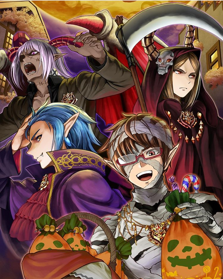 4boys ;d artist_request bag basket berwick_(grand_summoners) blue_hair brown_eyes brown_hair candy candy_cane cosplay cravat crest dark_skin dark_skinned_male demon dracula dracula_(cosplay) duke_(grand_summoners) earrings fangs food frankenstein's_monster frankenstein's_monster_(cosplay) glasses grand_summoners halloween halloween_costume horns jewelry multiple_boys mummy_costume necklace one_eye_closed open_mouth outdoors pointy_ears red-framed_eyewear red_neckwear robe smile source_request thetis_(grand_summoners) vox_(grand_summoners)