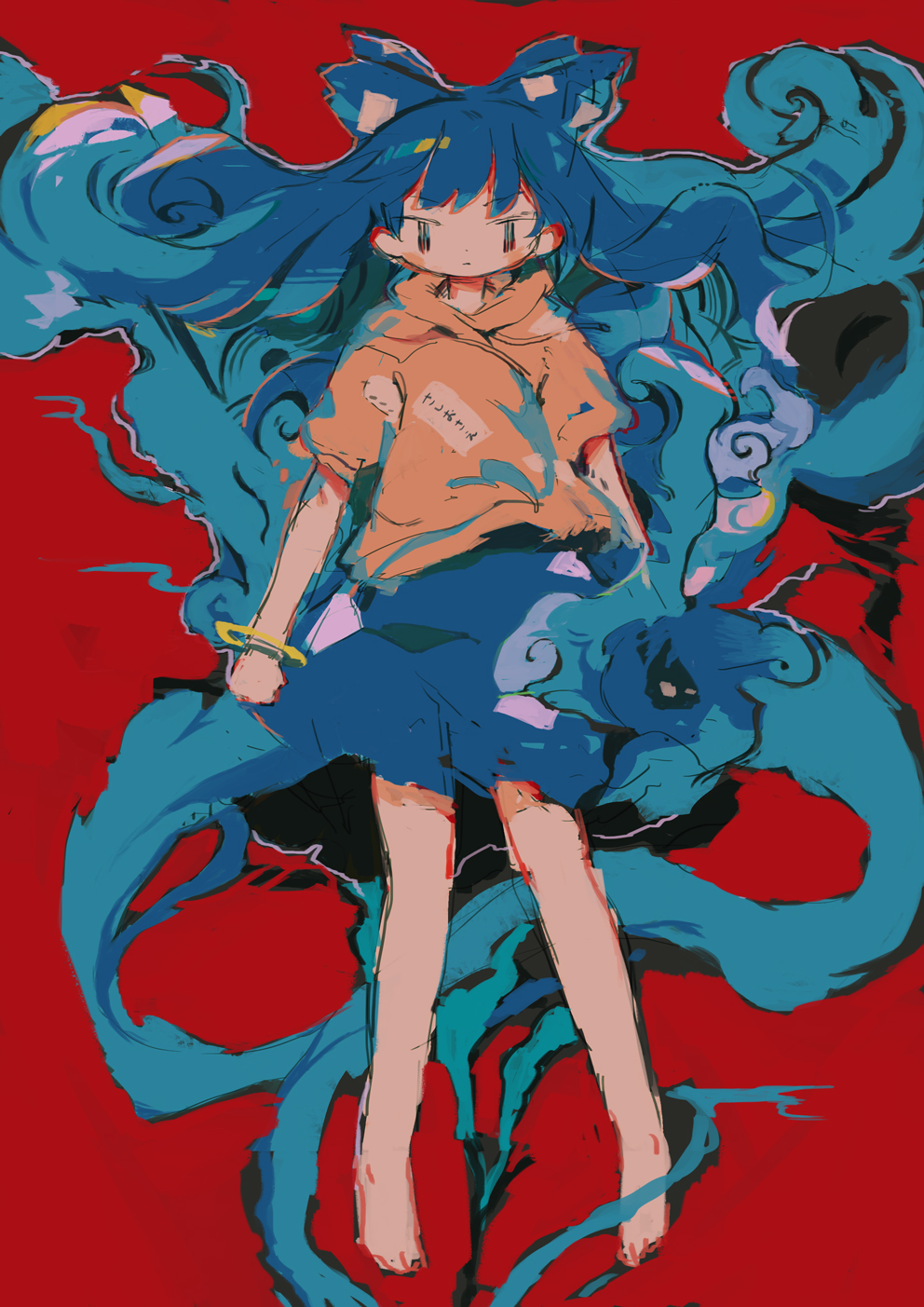 1girl bangle bangs barefoot blue_hair blue_skirt bow bracelet eyebrows_visible_through_hair floating_hair full_body grey_hoodie hair_bow highres hito_(nito563) hood hood_down hoodie jewelry long_hair looking_at_viewer red_background skirt solo touhou yorigami_shion