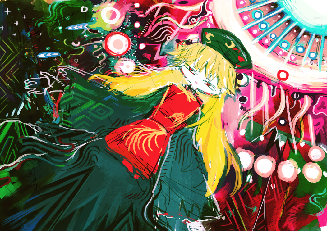 1girl abstract abstract_background bangs black_headwear blonde_hair china_dress chinese_clothes colorful dress dutch_angle hat hito_(nito563) junko_(touhou) long_hair long_sleeves looking_at_viewer no_nose pale_skin red_eyes solo tabard touhou wide_sleeves