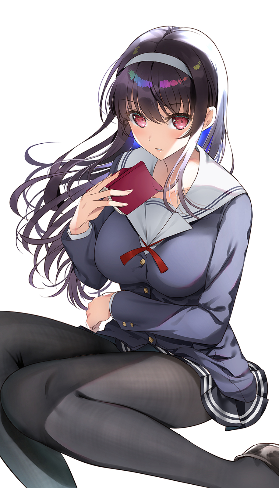 1girl asahina_hikage bangs black_hair black_legwear blush book breasts commentary_request eyebrows_visible_through_hair hairband highres kasumigaoka_utaha loafers long_hair looking_at_viewer pantyhose parted_lips pleated_skirt red_eyes saenai_heroine_no_sodatekata school_uniform shoes simple_background sitting skirt solo white_background
