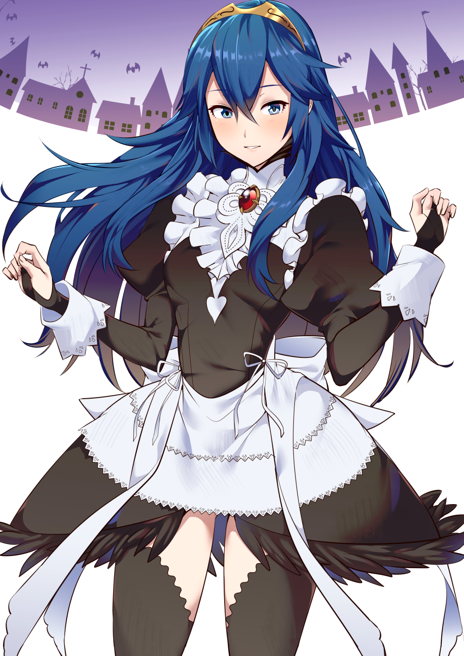 1girl ameno_(a_meno0) apron black_dress blue_hair blush breasts collar dress eyebrows_visible_through_hair feather_trim fire_emblem fire_emblem_awakening frilled_collar frills gem gloves hair_between_eyes highres juliet_sleeves long_hair long_sleeves looking_at_viewer lucina lucina_(fire_emblem) maid maid_dress medium_breasts parted_lips puffy_sleeves smile solo symbol-shaped_pupils teeth thigh-highs thighs tiara