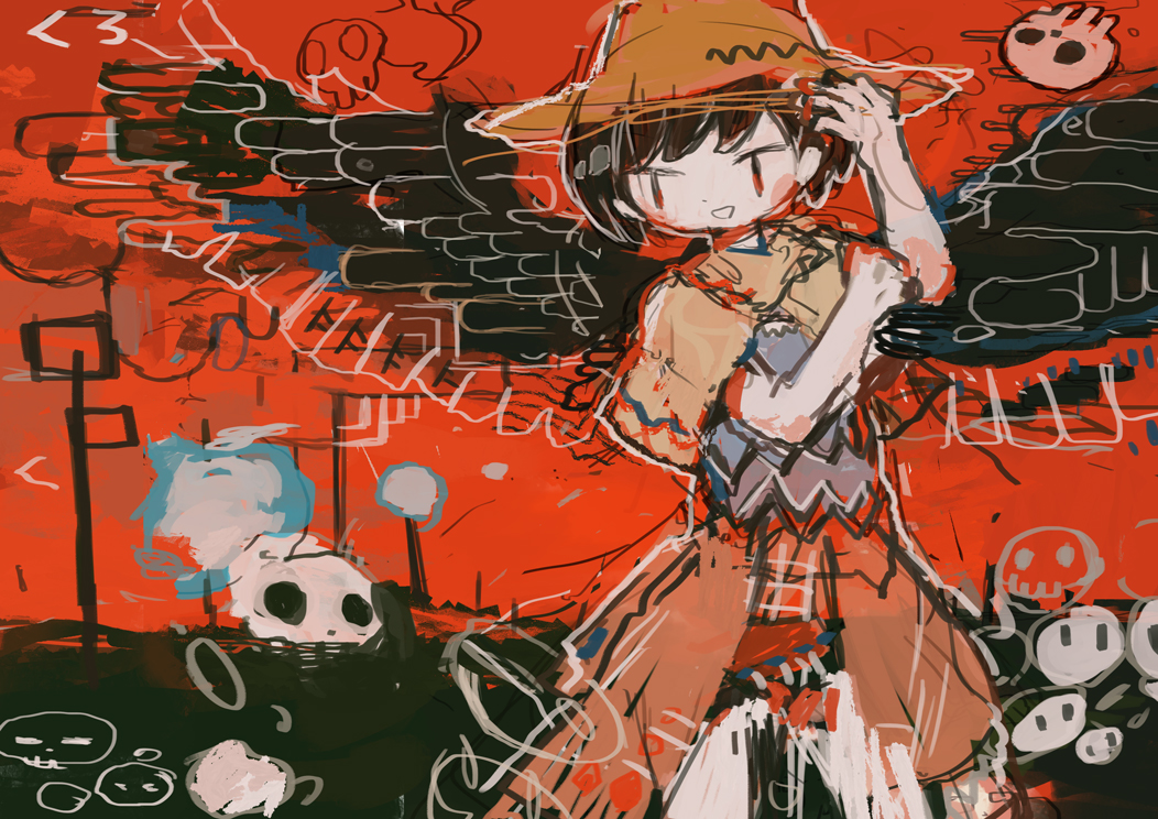 1girl abstract abstract_background black_hair black_wings brown_headwear character_request check_character cowboy_shot hat hito_(nito563) kurokoma_saki open_mouth red_eyes short_hair skull smile solo touhou wings