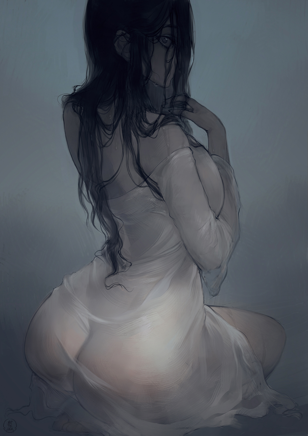 1girl ass bare_shoulders black_hair breast_press breasts commentary from_behind grey_background hair_over_one_eye highres large_breasts long_hair looking_at_viewer looking_back nat_the_lich original sitting solo