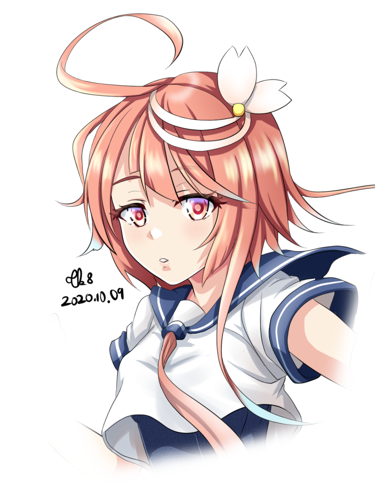 1girl ahoge blue_sailor_collar commentary_request cropped_torso dated hair_ornament i-58_(kantai_collection) kantai_collection looking_at_viewer neckerchief necktie parted_lips pink_hair pink_neckwear red_eyes sailor_collar school_uniform serafuku short_hair simple_background solo tk8d32 twitter_username upper_body white_background