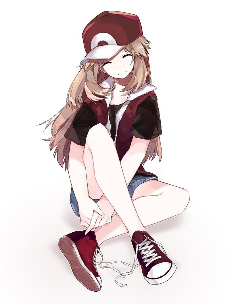 1girl baseball_cap brown_hair closed_eyes cosplay crossed_legs eyelashes fingernails full_body hands_together hat jacket leaf_(pokemon) lillin long_hair pokemon pokemon_(game) pokemon_frlg red_(pokemon) red_(pokemon)_(cosplay) shoes short_sleeves shorts smile solo