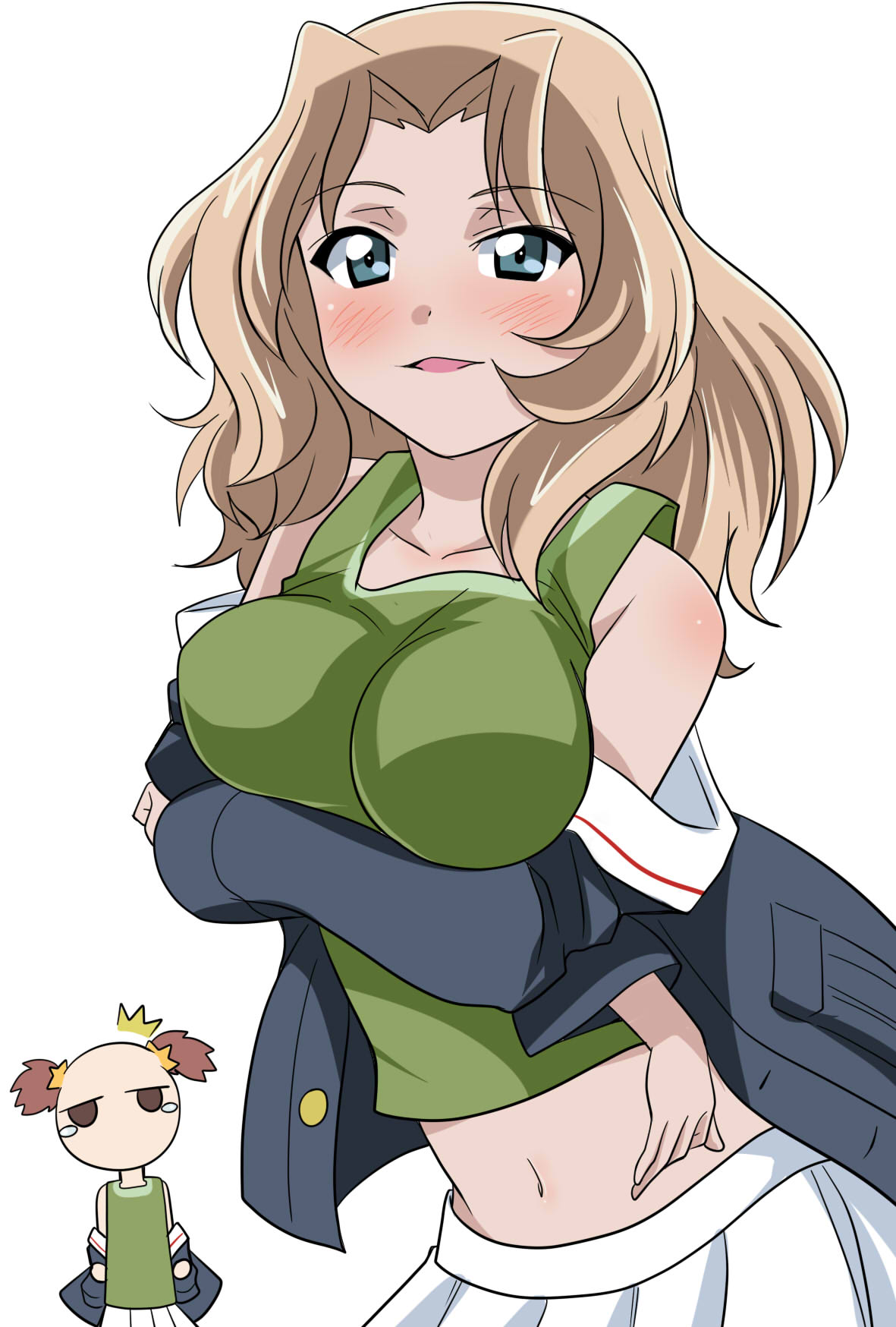 2girls alisa_(girls_und_panzer) alternate_costume blonde_hair blue_eyes blue_jacket blush breast_hold breasts brown_hair commentary eyebrows_visible_through_hair girls_und_panzer green_shirt hair_intakes hair_ornament highres jacket jitome kay_(girls_und_panzer) long_hair long_sleeves looking_at_another looking_at_viewer medium_breasts midriff military military_uniform multiple_girls navel off_shoulder ooarai_military_uniform open_mouth pleated_skirt shirt short_hair short_twintails simple_background skirt smile standing star_(symbol) star_hair_ornament tank_top tearing_up twintails uniform wakku_kan white_background white_skirt