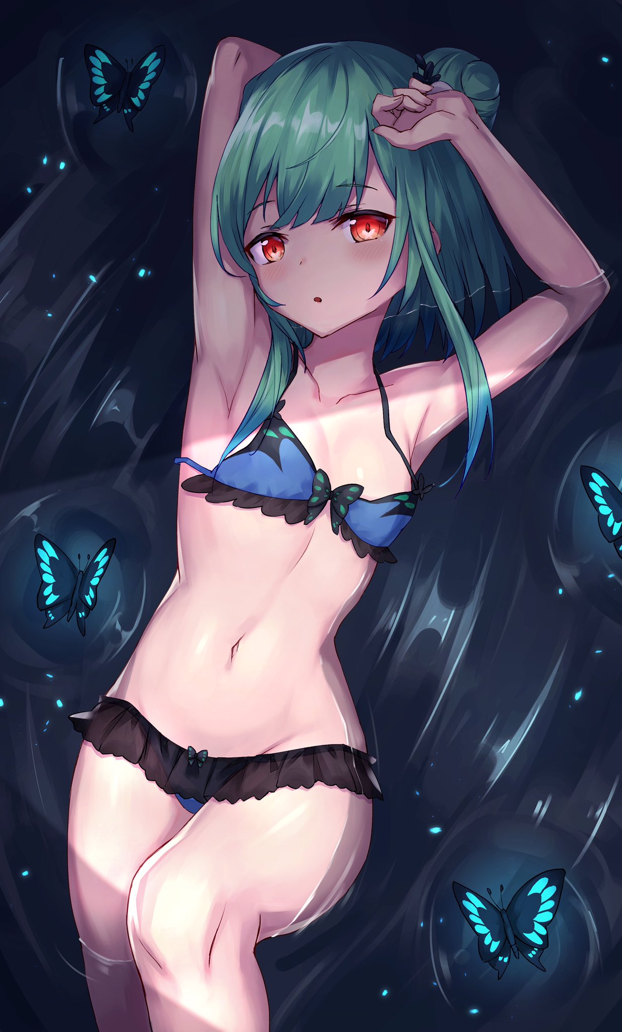 1girl armpits arms_up bangs bikini bikini_skirt blue_bikini bow bow_bikini bug butterfly collarbone double_bun eyebrows_visible_through_hair feet_out_of_frame green_hair groin highres hololive insect masaki_(msk064) navel partially_submerged red_eyes short_hair solo swimsuit uruha_rushia virtual_youtuber