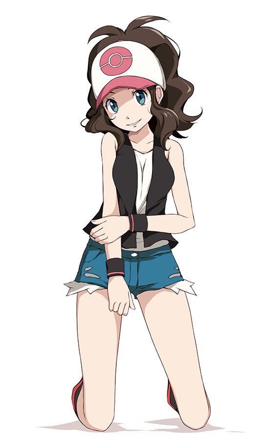 1girl :d baseball_cap black_vest blue_shorts breast_squeeze breasts brown_hair collarbone green_eyes hand_on_own_arm hat high_ponytail hilda_(pokemon) kneeling long_hair looking_at_viewer medium_breasts open_mouth pokemon pokemon_(game) pokemon_bw ponytail shirt shorts sidelocks simple_background sleeveless smile solo torn_clothes torn_shorts tsukishiro_saika two-tone_footwear two-tone_headwear vest white_background white_shirt wristband