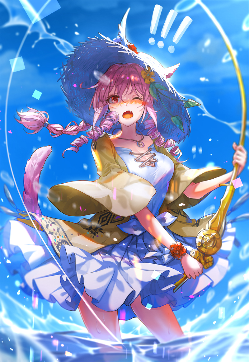 !! 1girl animal_ears bracelet cat_ears clouds contrapposto cowboy_shot dress epaulettes fang final_fantasy final_fantasy_xiv fishing fishing_rod flower gameplay_mechanics hair_flower hair_ornament hat hat_feather hat_flower jewelry long_hair miqo'te necklace one_eye_closed open_mouth pink_hair pleated_skirt quad_tails red_eyes shirt sidelocks skirt sky solo splashing straw_hat tied_shirt vetina water