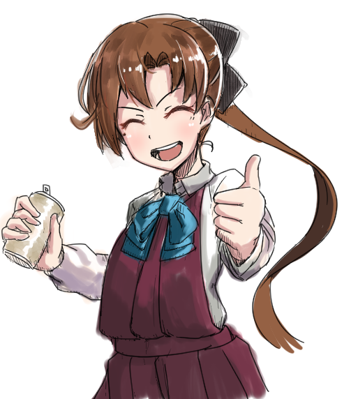 1girl akigumo_(kantai_collection) brown_hair can commentary_request cowboy_shot dress facing_viewer hahaha hair_ribbon halterneck kantai_collection long_hair long_sleeves looking_at_viewer open_mouth pleated_dress ponytail ribbon school_uniform shirt simple_background smile solo thumbs_up upper_teeth white_background white_shirt