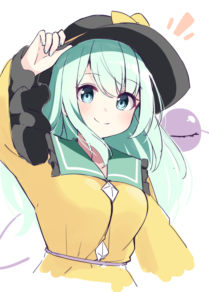 1girl alternate_hair_length alternate_hairstyle aqua_eyes bangs blush breasts closed_mouth commentary_request cropped_torso eyeball eyebrows_visible_through_hair frilled_shirt_collar frills hand_on_headwear hat hat_ribbon komeiji_koishi light_green_hair long_hair long_sleeves looking_at_viewer medium_breasts notice_lines ominaeshi_(takenoko) ribbon shirt simple_background smile solo third_eye touhou upper_body white_background wide_sleeves yellow_ribbon yellow_shirt