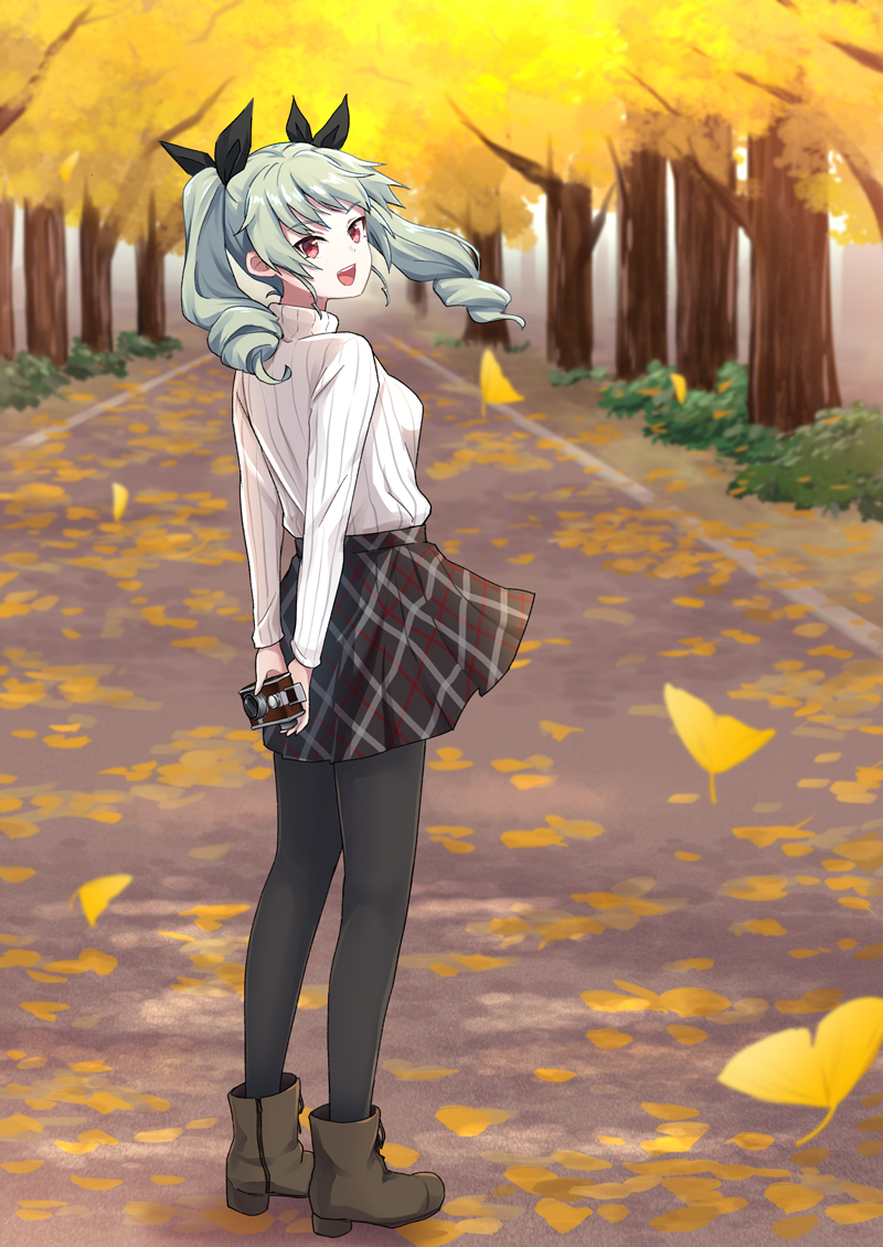 1girl :d anchovy_(girls_und_panzer) arms_behind_back autumn autumn_leaves bangs black_legwear black_ribbon black_skirt blurry blurry_background brown_footwear camera commentary day depth_of_field drill_hair eyebrows_visible_through_hair girls_und_panzer green_hair hair_ribbon holding holding_camera katakori_sugita long_hair long_sleeves looking_at_viewer looking_back miniskirt object_behind_back open_mouth outdoors pantyhose plaid plaid_skirt pleated_skirt red_eyes ribbed_sweater ribbon skirt smile solo standing sweater tree turtleneck twin_drills twintails wind