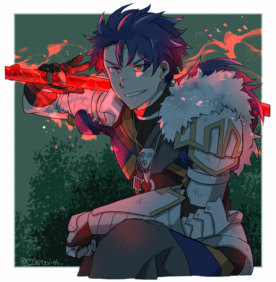 1boy armor blue_hair cu_chulainn_(fate)_(all) cu_chulainn_(fate/prototype) earrings fate/prototype fate_(series) fur gae_bolg gauntlets gloves glowing glowing_weapon grin holding holding_weapon hoop_earrings jewelry long_hair male_focus necklace polearm ponytail red_eyes smile solo spear spiky_hair tozakuro_s type-moon weapon