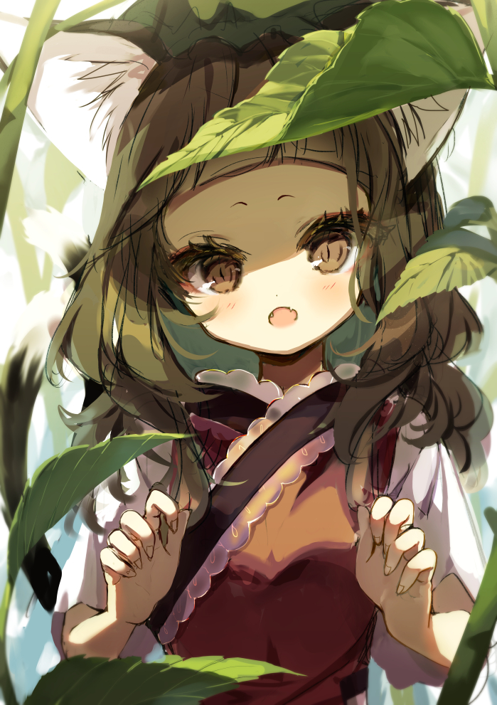1girl :o animal_ear_fluff animal_ears bangs blush brown_eyes brown_hair cat_ears chen commentary_request fangs hansoku_tantei_satori long_hair looking_at_viewer open_mouth piyokichi short_sleeves solo touhou upper_body