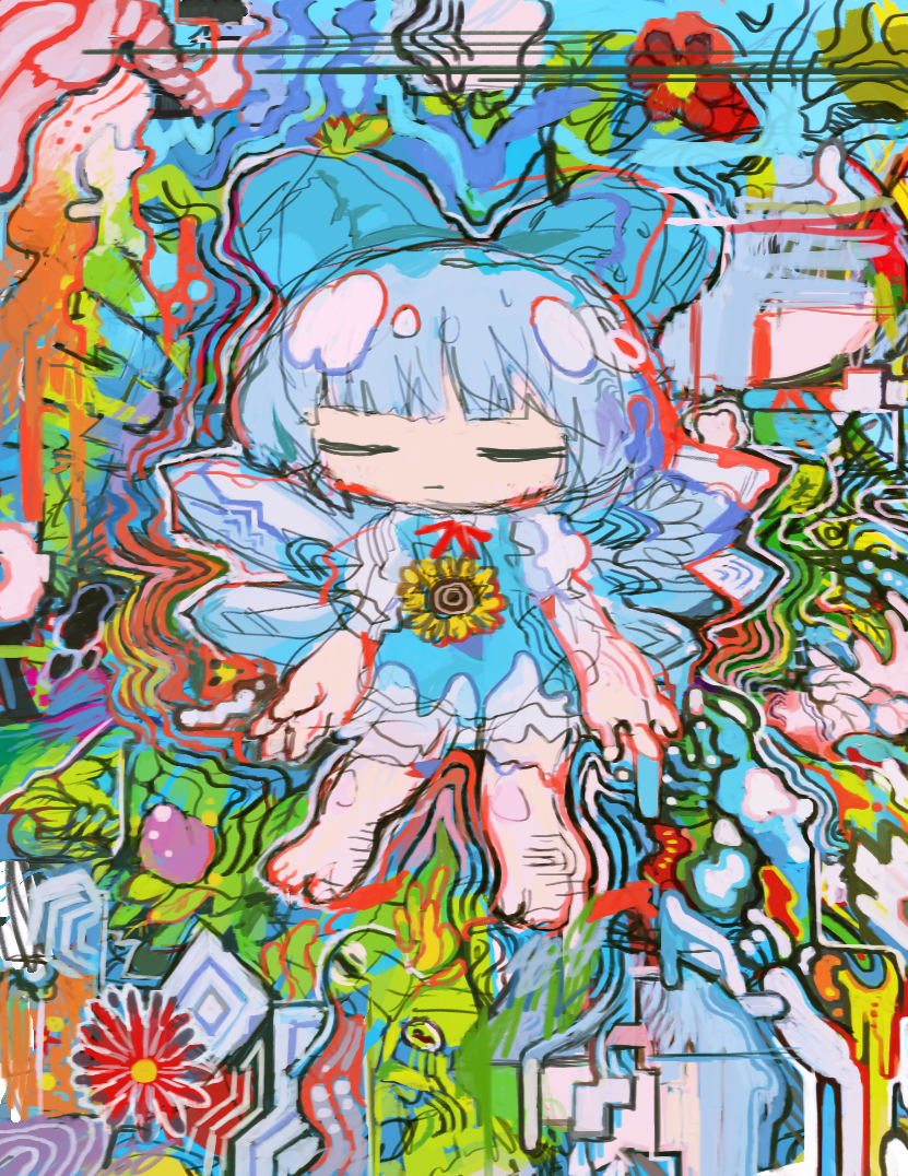 1girl abstract abstract_background bangs blue_bow blue_dress blue_hair blunt_bangs bow cirno closed_eyes colorful dress flower hair_bow hito_(nito563) ice ice_wings no_nose red_flower short_hair short_sleeves solo sunflower touhou wings yellow_flower