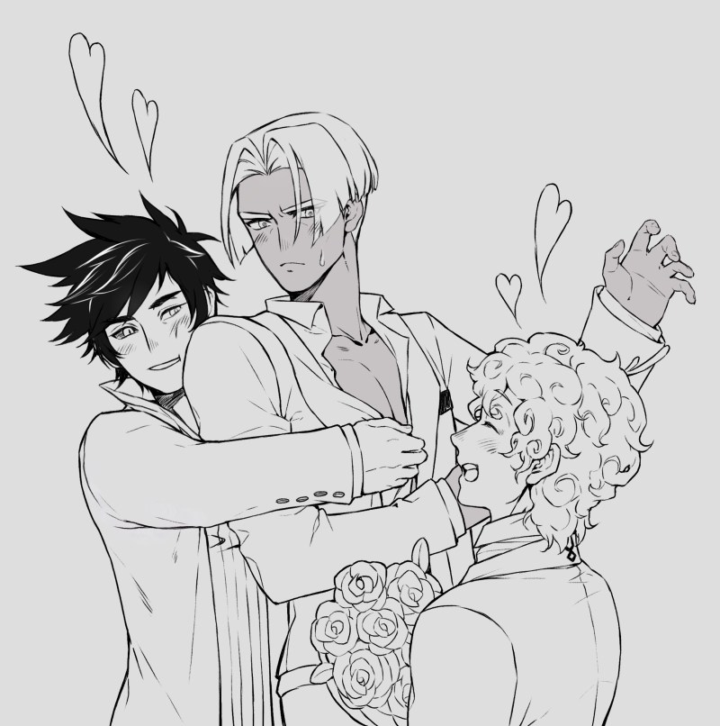 3boys bangs black_sclera blush bouquet closed_eyes collared_shirt contemporary curly_hair dark_skin dark_skinned_male flower greyscale hades_(game) heart hug hug_from_behind hypnos_(hades) male_focus monochrome multiple_boys open_clothes open_mouth open_shirt parted_bangs rose shirt smile spiky_hair thanatos_(hades) winter_(winter168883) zagreus