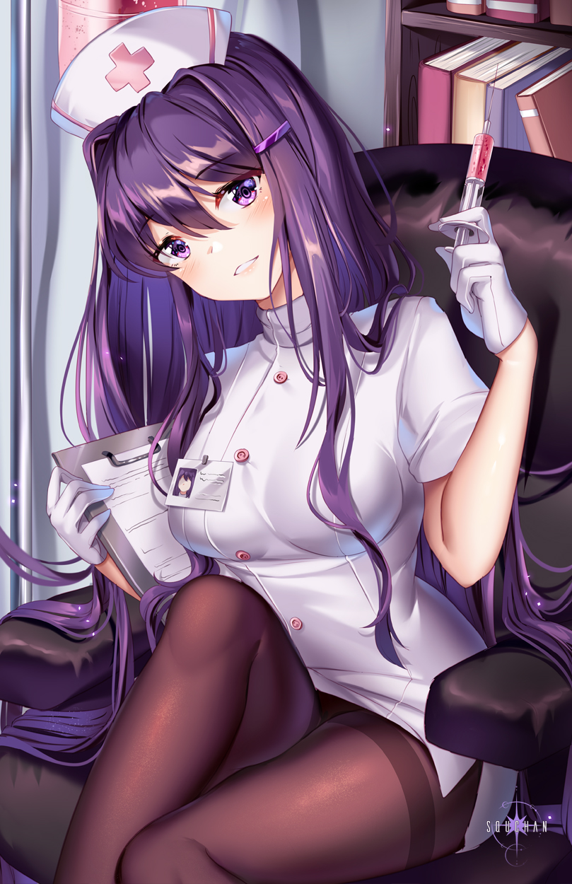 1girl artist_name bad_anatomy bangs blush book bookshelf breasts brown_legwear clipboard commentary doki_doki_literature_club dress eyebrows_visible_through_hair feet_out_of_frame hair_between_eyes hair_intakes hair_ornament hairclip hands_up hat highres holding holding_syringe indoors knee_up long_hair looking_at_viewer medium_breasts name_tag nurse nurse_cap on_chair pantyhose parted_lips puffy_short_sleeves puffy_sleeves purple_hair short_sleeves sitting smile solo squchan syringe thighband_pantyhose very_long_hair violet_eyes white_dress white_headwear yuri_(doki_doki_literature_club)