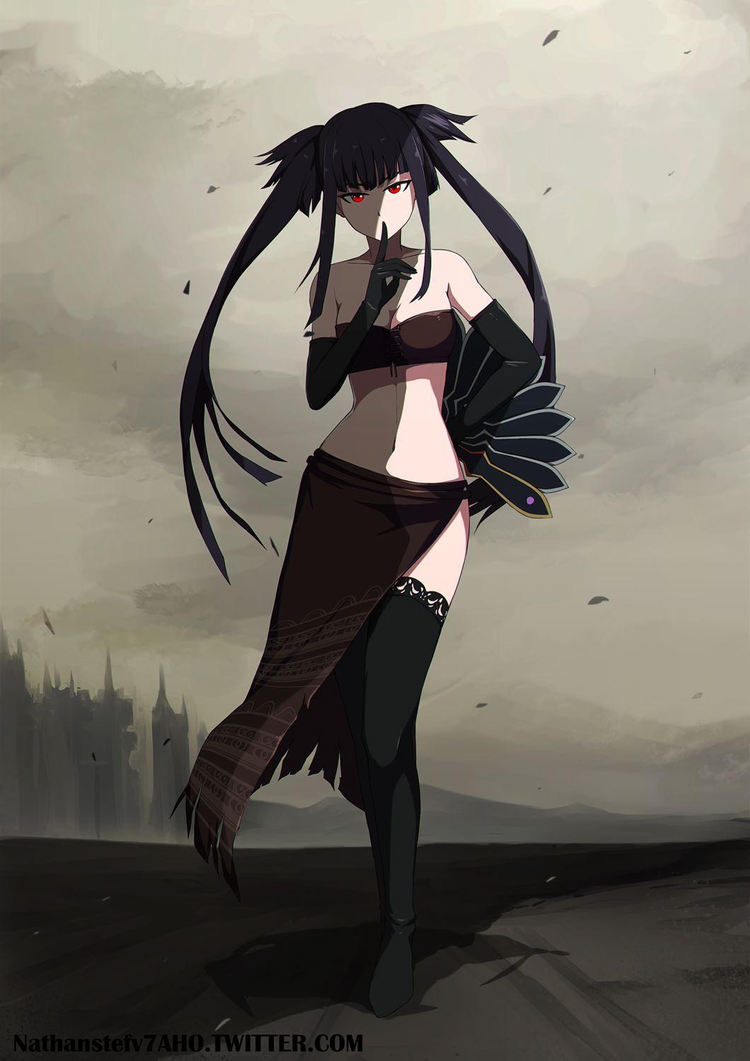 1girl black_gloves black_hair black_legwear closed_mouth clouds cloudy_sky fan finger_to_mouth full_body glass_(tate_no_yuusha_no_nariagari) gloves highres midriff navel red_eyes shadow shushing sky solo standing stefv tate_no_yuusha_no_nariagari twintails