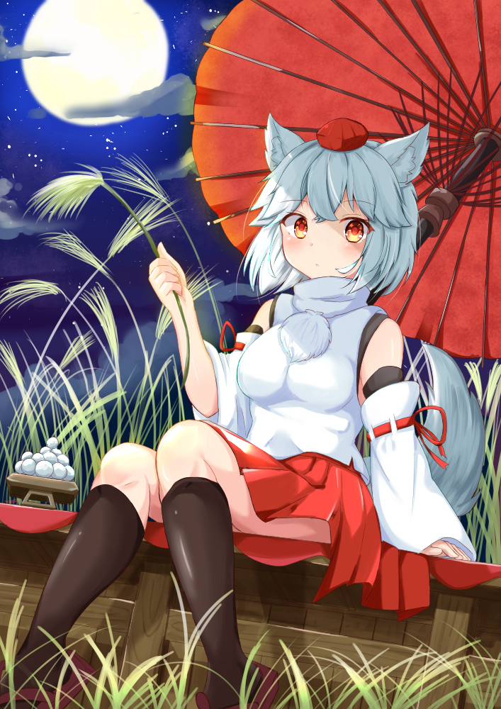 1girl :&lt; animal_ear_fluff animal_ears bangs bare_shoulders black_legwear blush breasts clouds commentary_request crossed_bangs dango detached_sleeves dutch_angle expressionless eyebrows_visible_through_hair feet_out_of_frame food full_moon grass hat inubashiri_momiji looking_at_viewer medium_breasts moon night orange_eyes oriental_umbrella pleated_skirt pom_pom_(clothes) red_footwear red_headwear red_skirt ribbon-trimmed_sleeves ribbon_trim rururiaru shirt short_hair sitting skirt sky sleeves_past_wrists solo star_(sky) starry_sky tail tokin_hat touhou turtleneck umbrella wagashi white_hair white_shirt wide_sleeves wolf_ears wolf_tail