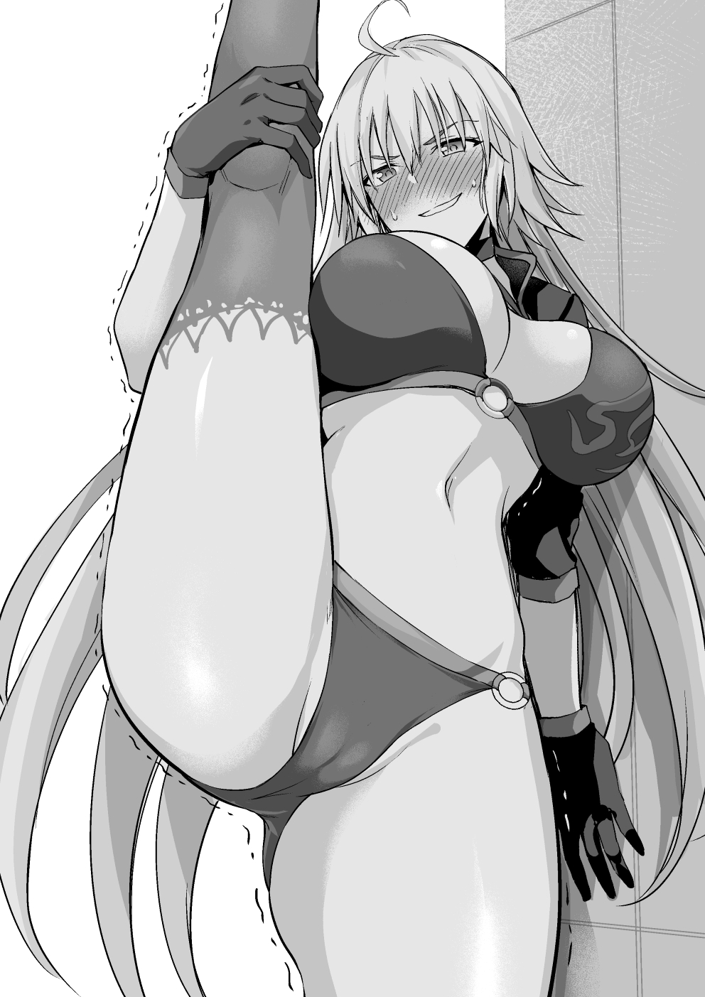 ass bikini blush breasts cropped_jacket fate/grand_order fate_(series) gloves greyscale highres ijima_yuu jeanne_d'arc_(alter)_(fate) jeanne_d'arc_(alter_swimsuit_berserker) jeanne_d'arc_(fate)_(all) large_breasts midriff monochrome navel panties split standing standing_on_one_leg standing_split swimsuit thick_thighs thigh-highs thighs trembling underwear white_hair