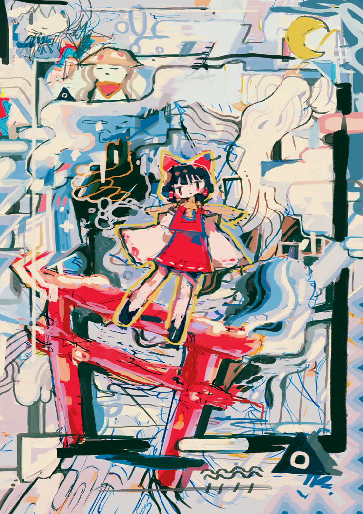1girl abstract abstract_background bangs blunt_bangs bow crescent_moon detached_sleeves hair_bow hair_tubes hakurei_reimu hito_(nito563) looking_at_viewer moon red_bow red_eyes red_shirt red_skirt shirt skirt snowman solo torii touhou wide_shot yellow_neckwear