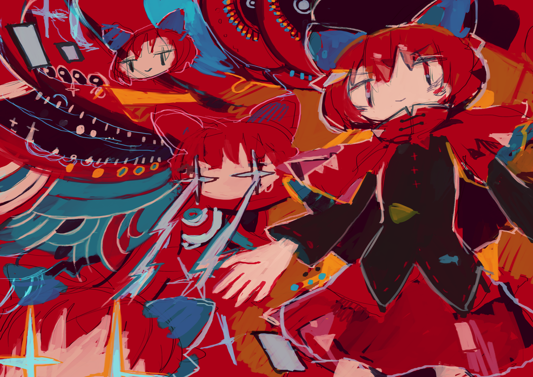 1girl abstract abstract_background black_shirt blue_bow bow capelet colorful disembodied_head eye_beam floating_head hair_bow hito_(nito563) long_sleeves multiple_heads no_mouth no_nose red_capelet red_eyes red_skirt redhead ribbon_trim sekibanki shirt short_hair skirt smile solo touhou