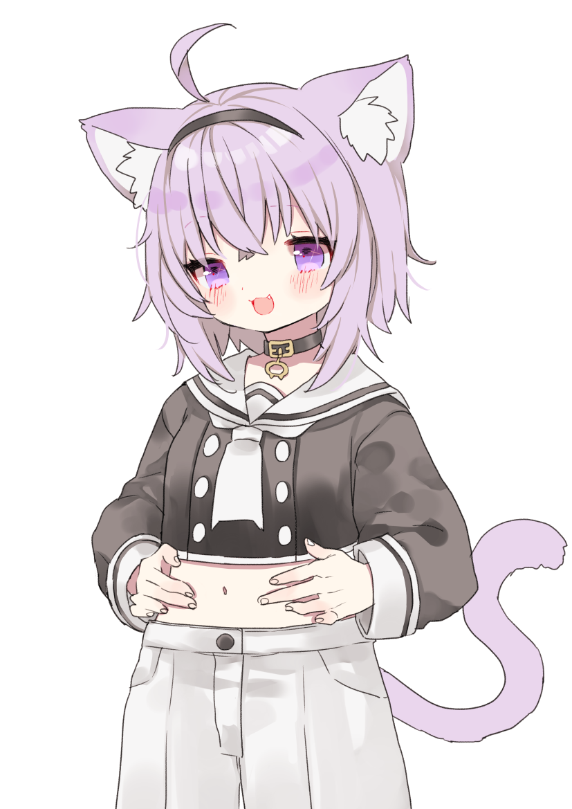 1girl :3 :d ahoge animal_ear_fluff animal_ears blush cat_ears cat_tail collar cowboy_shot fang hairband hands_on_own_stomach hololive long_sleeves maitou midriff navel nekomata_okayu open_mouth pants purple_hair sailor_collar short_hair simple_background smile solo tail violet_eyes white_background