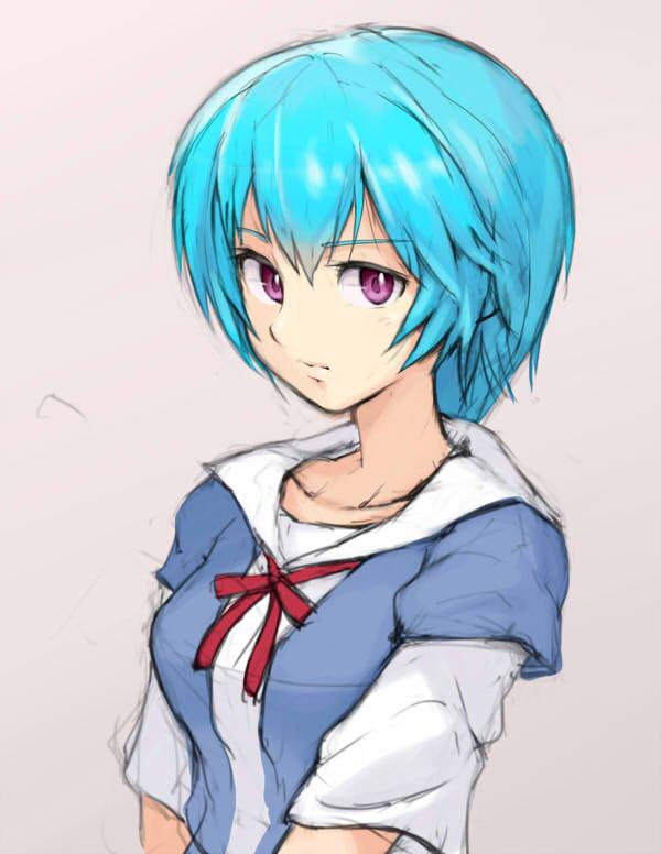 1girl ayanami_rei blue_hair breasts closed_mouth looking_at_viewer neon_genesis_evangelion school_uniform short_hair simple_background solo white_background yuusuke_(5yusuke3)