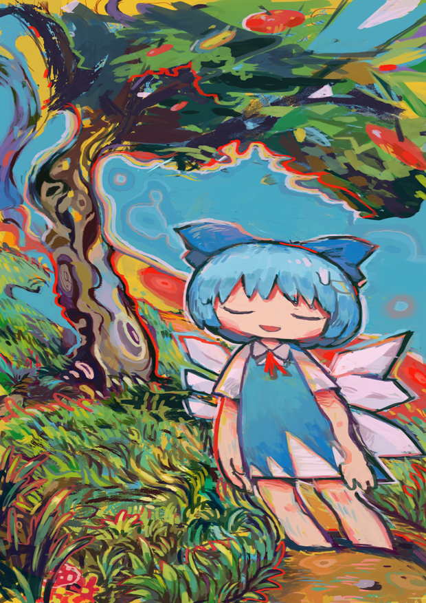 1girl apple aqua_hair blue_bow blue_dress bow cirno closed_eyes collared_dress dress flower food fruit grass hair_bow hito_(nito563) ice ice_wings no_nose outdoors red_flower red_neckwear red_ribbon ribbon shadow short_hair short_sleeves smile solo standing surreal touhou tree wide_shot wings