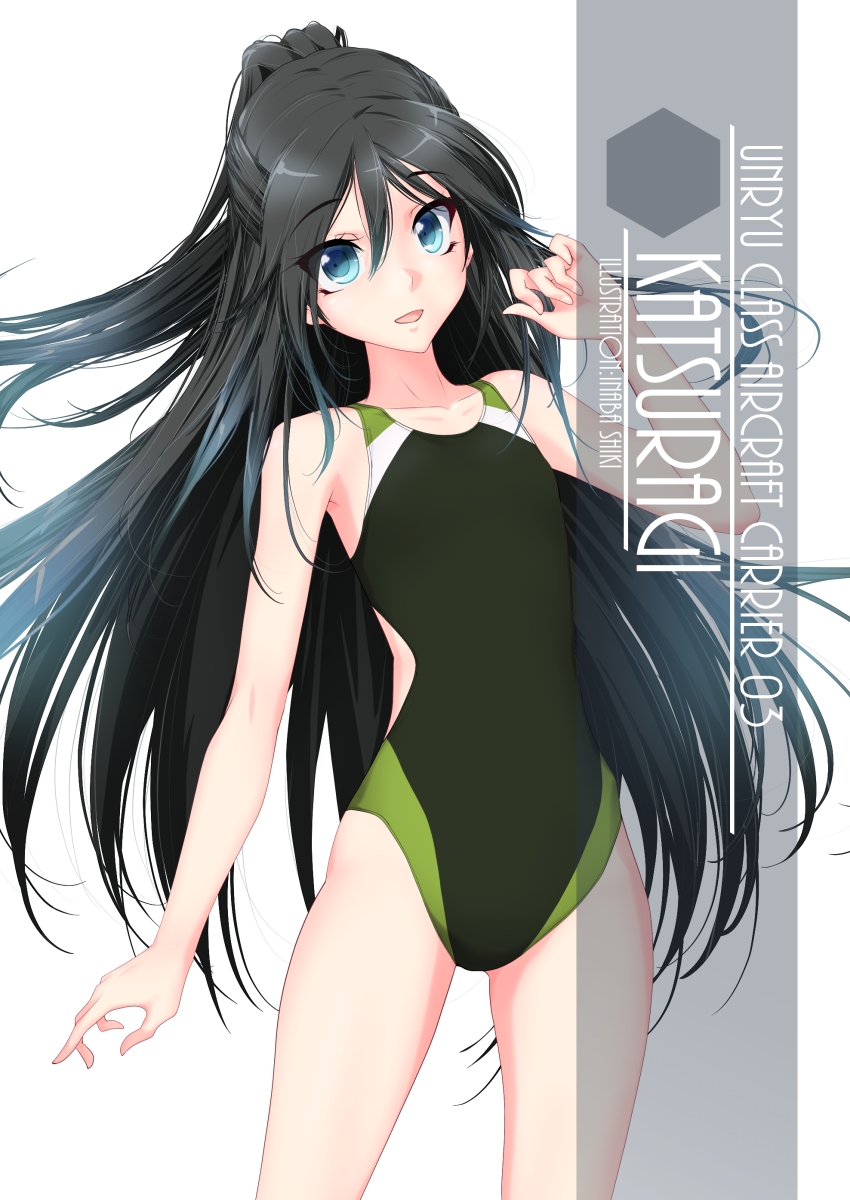 1girl artist_name black_hair black_swimsuit blue_eyes character_name commentary_request competition_swimsuit cowboy_shot flat_chest hair_ribbon highres inaba_shiki kantai_collection katsuragi_(kantai_collection) long_hair looking_at_viewer one-piece_swimsuit ponytail ribbon simple_background solo swimsuit white_background