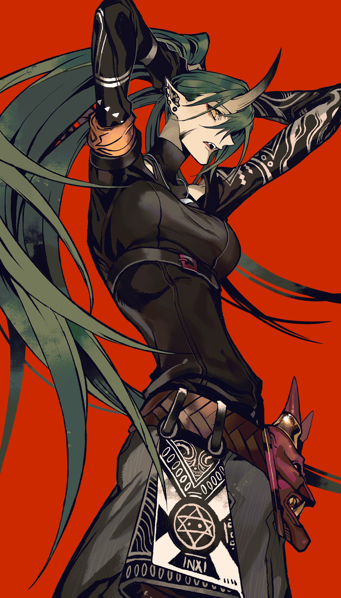 1girl adjusting_hair alternate_hairstyle arknights belt black_shirt ear_piercing facial_scar fangs hannya highres horns hoshiguma_(arknights) long_hair looking_down mask oni oni_horns oni_mask piercing ponytail red_background scar shirt single_horn slender_waist solo tobi0728 turtleneck yellow_eyes