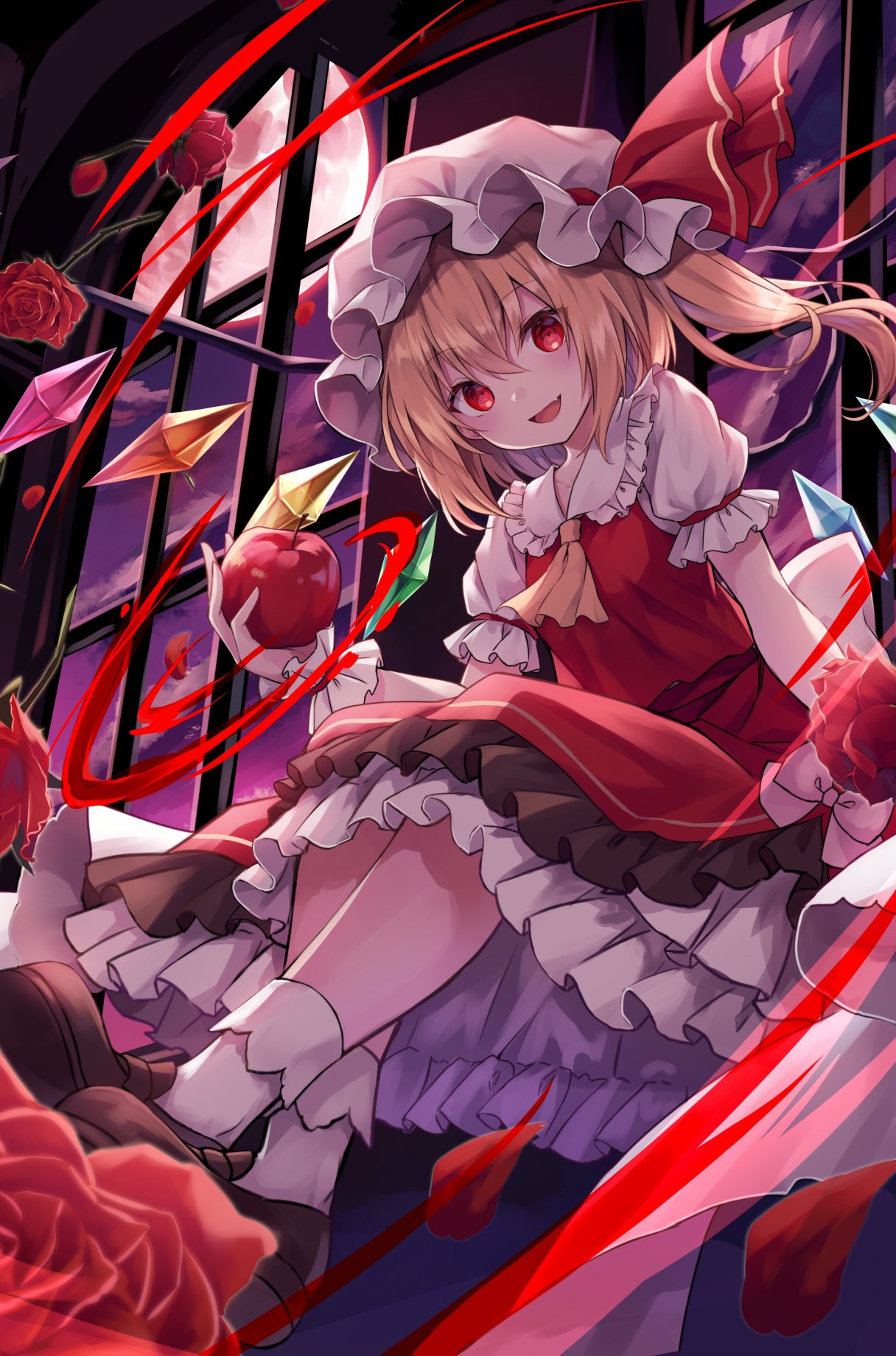 1girl :d apple ascot blonde_hair bobby_socks bow clouds commentary crystal fang flandre_scarlet flat_chest flower food frilled_cuffs frilled_shirt_collar frills fruit full_body full_moon hat hat_ribbon highres holding holding_food holding_fruit indoors kure~pu looking_at_viewer mary_janes medium_hair mob_cap moon night one_side_up open_mouth petals petticoat puffy_short_sleeves puffy_sleeves red_eyes red_ribbon red_skirt red_vest ribbon rose shoes short_sleeves sitting skirt smile socks solo touhou vest white_bow window wings yellow_neckwear