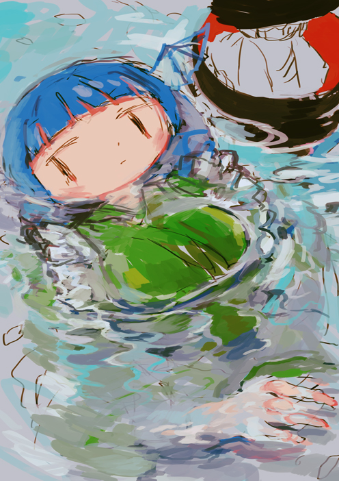2girls bangs blunt_bangs breasts character_request drill_locks frilled_kimono frills green_kimono head_fins hito_(nito563) japanese_clothes kimono medium_breasts mermaid monster_girl multiple_girls partially_submerged touhou upper_body wakasagihime